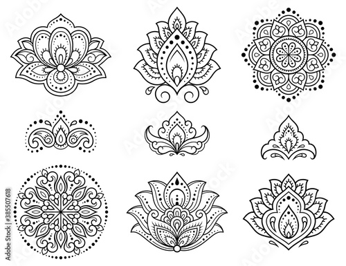 Set of Mehndi flower pattern and mandala for Henna drawing and tattoo. Decoration in ethnic oriental, Indian style. Doodle ornament. Outline hand draw vector illustration.