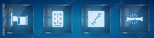 Set Hospital bed, Pills in blister pack, Scar with suture and Bone pain. Square glass panels. Vector.