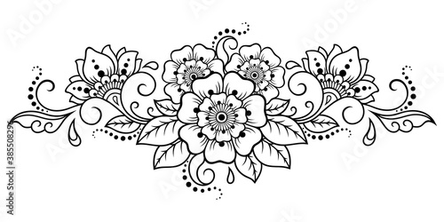 Mehndi flower pattern for Henna drawing and tattoo. Decoration in ethnic oriental, Indian style. Doodle ornament. Outline hand draw vector illustration.