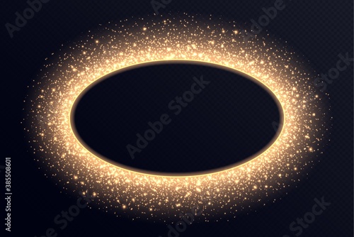 Golden ellipse frame with sparkles and flares, abstract luminous particles, cosmic background with bright stardust. Glowing border with glitter. Vector light effect. Luxury backdrop.