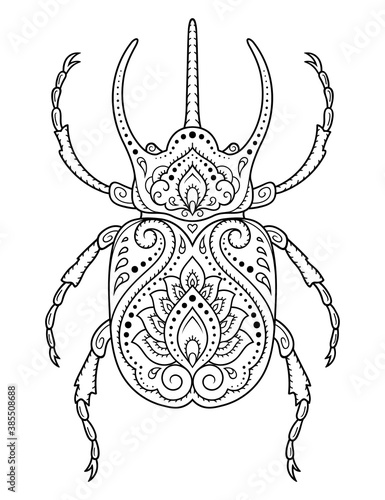 Bug decorated with Indian ethnic floral vintage pattern. Hand drawn decorative insect in doodle style. Stylized mehndi ornament for tattoo, print, design for room, cover, book and coloring page.