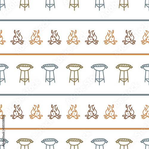 Seamless background campfire and grill gender neutral pattern. Whimsical minimal earthy 2 tone color. kids nursery wallpaper or boho cartoon camping fashion all over print. 