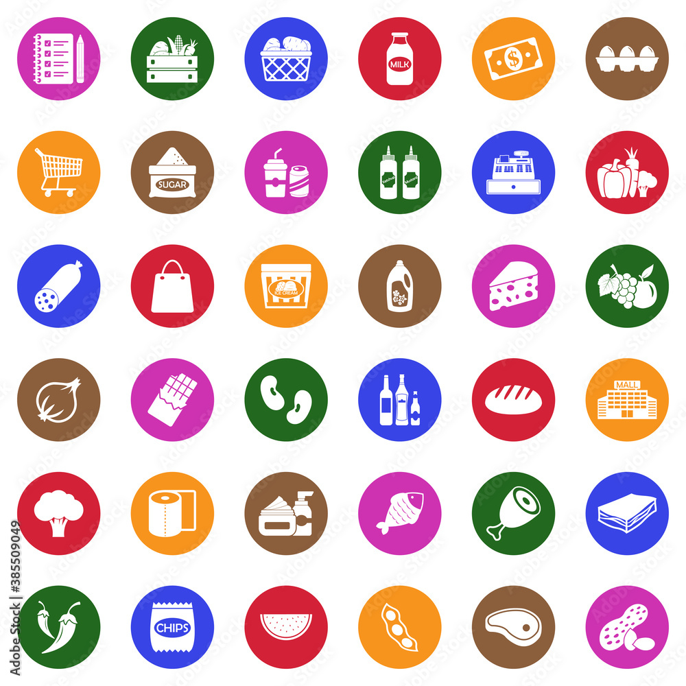 Grocery List Icons. White Flat Design In Circle. Vector Illustration. Grocery List Icons. White Flat Design In Circle. Vector Illustration.