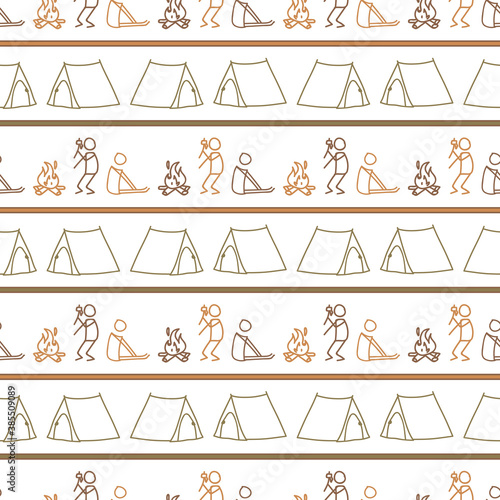 Seamless background stick figure and campfire with grill gender neutral pattern. Whimsical minimal earthy 2 tone color. kids nursery wallpaper or boho cartoon camping fashion all over print. 