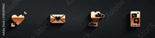 Set Amour with heart and arrow, Envelope Valentine, Romantic hot air balloon and Mobile icon with long shadow. Vector.