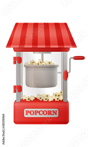 red traditional vintage carnival electric commercial popcorn popper machine isolated on white background. 3d realistic vector illustration