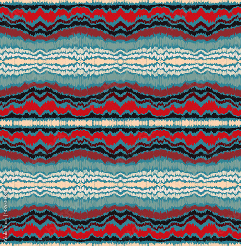 Ikat border. Geometric folk ornament. Ink on clothes. Tribal vector texture. Seamless striped pattern in Aztec style. Ethnic embroidery. Indian, Scandinavian, Gypsy, Mexican, African rug.