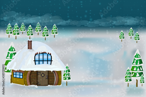 Winter landscape. Christmas landscape with house, fir tree and snow. Forest landscape with winter house. Card with a beautiful snowy cottage. New year poster with copy space. Stock vector illustration