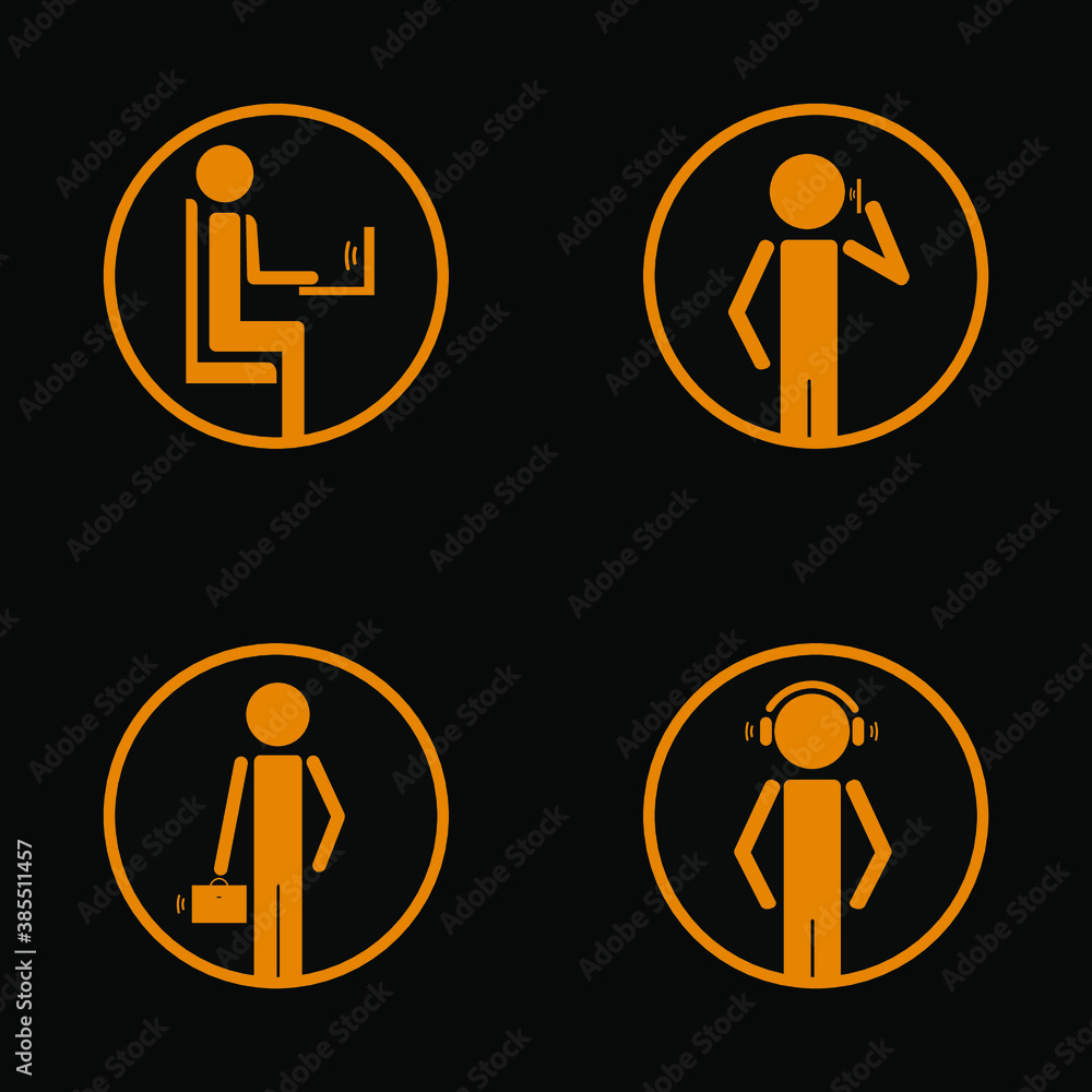Icons of people: working at the computer, talking on the phone, going to a meeting, listening to audio. Icons of people: working at the computer, talking on the phone, going to a meeting, listening to audio.