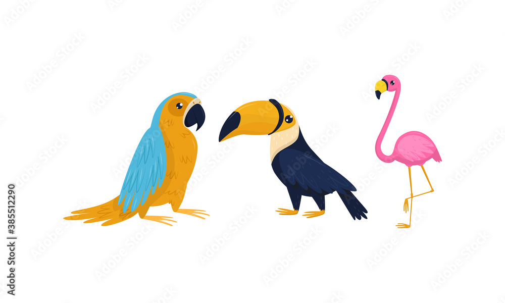 Naklejka premium Bright Exotic Birds with Pink Flamingo and Parrot Vector Set