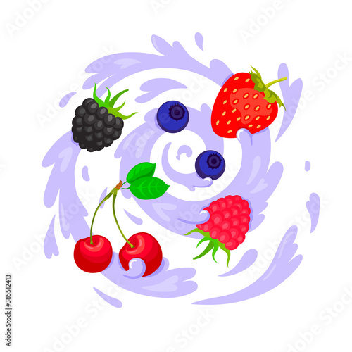 Yogurt with fresh berries fruits. Smoothie bowl with blueberries, raspberries, strawberries, blackberries, cherry.  Mixed berry and milk splashes. Stock vector illustration for food concept. Top view
