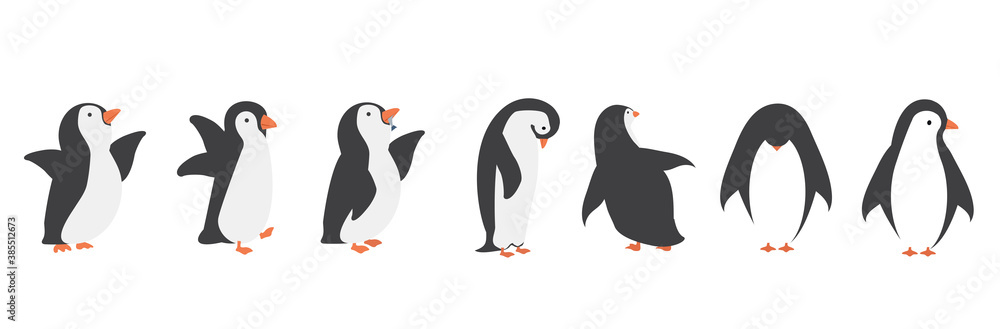 Obraz premium Happy penguin cartoon characters in different poses set