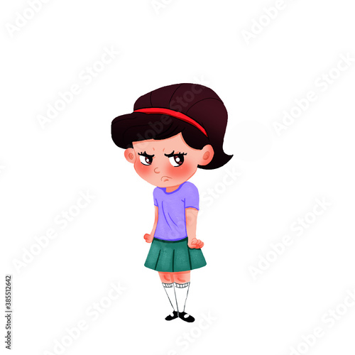 Angry insulted irritated standing little girl with black hair