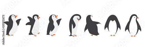 Happy penguin cartoon characters in different poses set