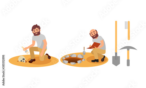 Bearded Man Archeologist Working on Excavations Vector Illustration Set