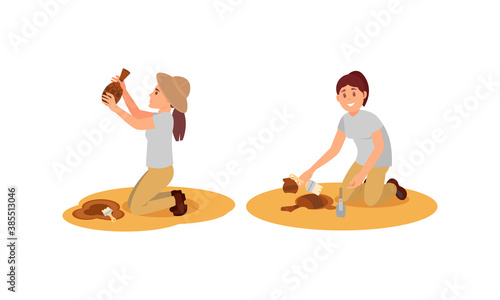 Young Woman Archeologist Working on Excavations Vector Illustration Set