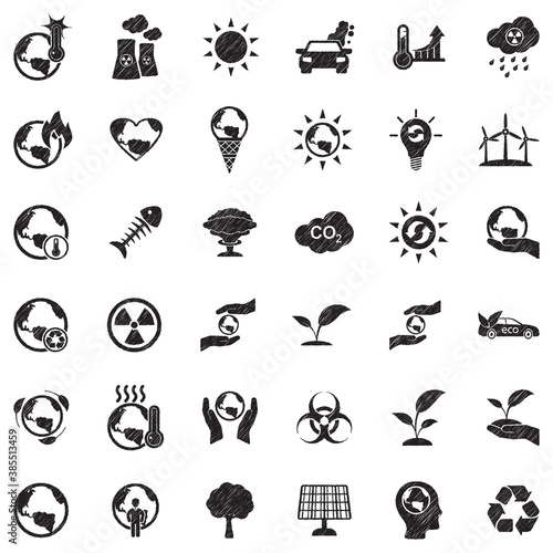 Global Warming Icons. Black Scribble Design. Vector Illustration.