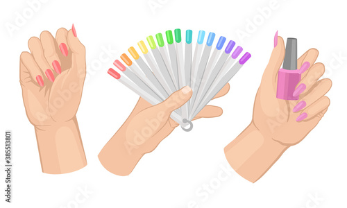 Female Hands Manicure with Painted Nails with Lacquer Vector Set