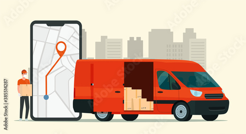 Delivery service app on smartphone. Cargo van and delivery worker. Tracking an order using his smartphone. Vector flat style illustration