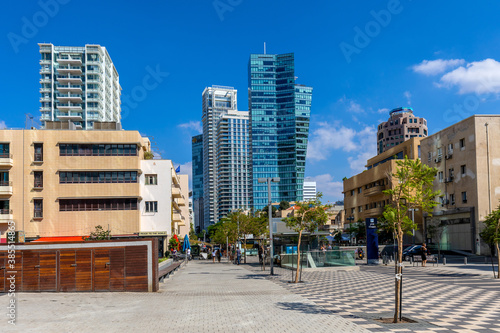 Panoramic view of downtown Lev HaIr district with Azrieli Sarona. Sderot Rothschild boulevard and business quarter skyscrapers in Tel Aviv Yafo, Israel photo