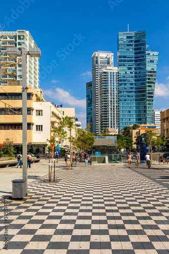 Panoramic view of downtown Lev HaIr district with Azrieli Sarona. Sderot Rothschild boulevard and business quarter skyscrapers in Tel Aviv Yafo, Israel photo