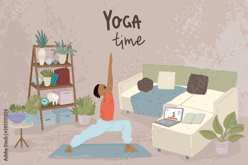 Man doing yoga activity at home. View a yoga lesson online on a computer. A lesson with an instructor from home. Vector illustration