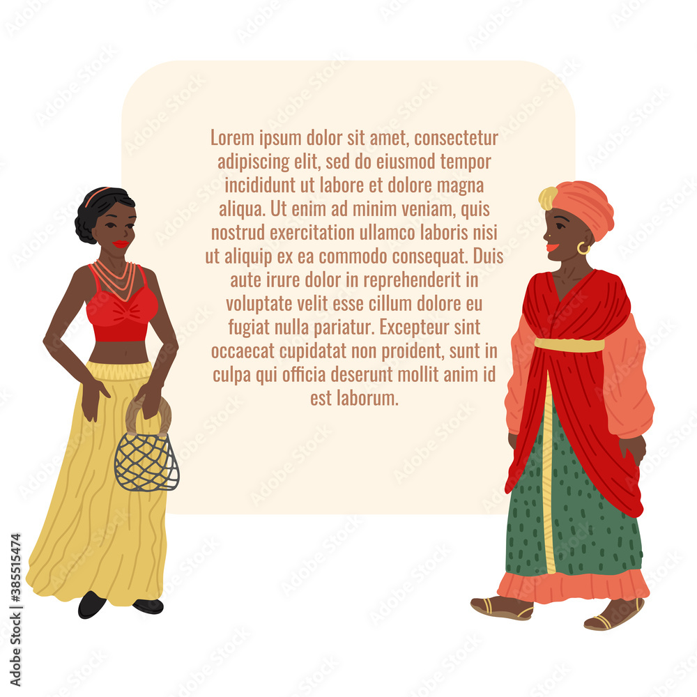 Women of black African race, in traditional dresses, bright cartoon characters. Insert your text. Banner design, vector illustration Women of black African race, in traditional dresses, bright cartoon characters. Insert your text. Banner design, vector illustration