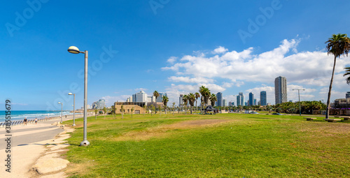 Panoramic view of downtown Tel Aviv at Mediterranean coastline with business district and Etzel House museum in Tel Aviv Yafo, Israel