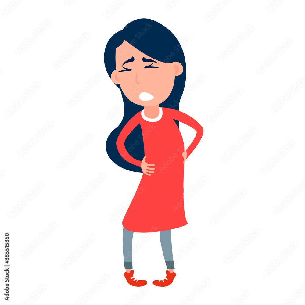 Backache problems. Pain in back, backache, ache, hurt, suffering. Backache low back pain. Girl suffering from Backache. Flat vector Backache problems. Pain in back, backache, ache, hurt, suffering. Backache low back pain. Girl suffering from Backache. Flat vector