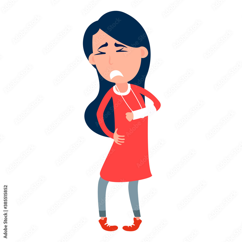 Girl with broken arm, white background, suffering from pain. Broken arm. Bone fracture, orthopedic plaster. Flat vector style. Woman with plaster on the hand Girl with broken arm, white background, suffering from pain. Broken arm. Bone fracture, orthopedic plaster. Flat vector style. Woman with plaster on the hand