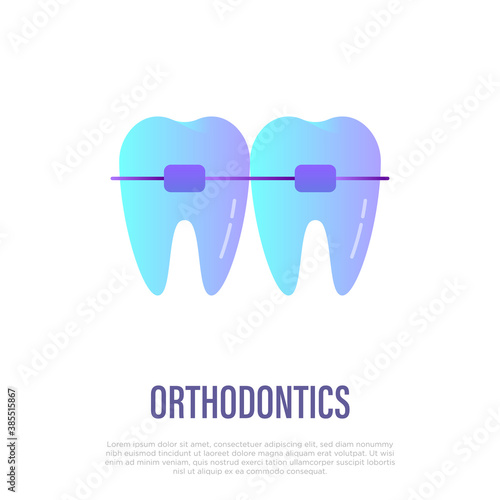Orthodontics: braces on teeth, tooth correction. Dentistry. Flat gradient icon, vector illustration.
