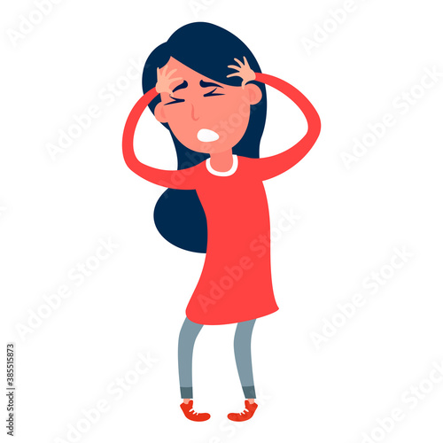 Headache. The woman having headache, migraine. Flat design vector illustration. Closeup Picture Of a Girl Suffering From Head Migraine
