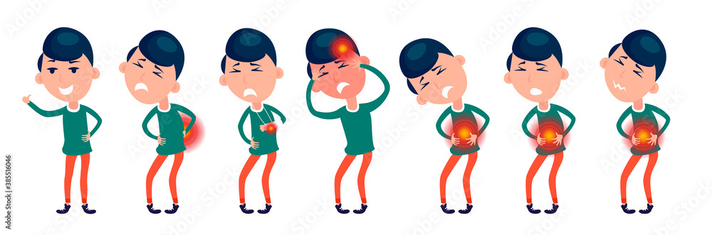 Set of character men with pain in different parts of the body. Backache, abdominal pain, headache, migraine. Body ache icons. Humans bodies injury pain.  Flat vector illustration. Human Health Disease