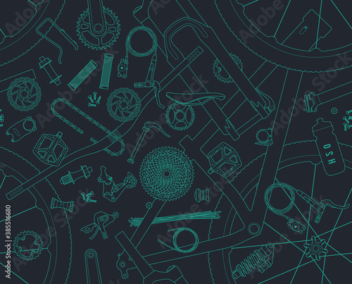 Vector parts of mountain bike line seamless texture. Isolated on gray background.