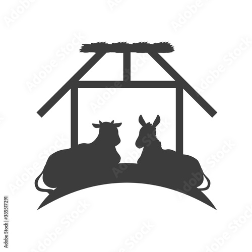 ox and donkey animals in the stable silhouette