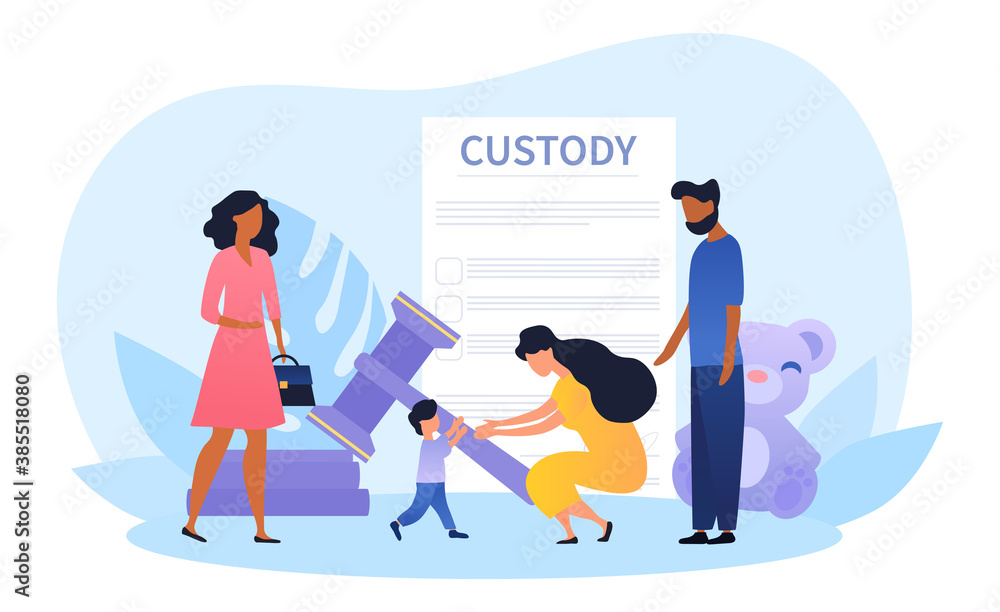 Child custody or adoption abstract concept with social worker and young multiracial couple adopting child. Flat vector cartoon illustration with fictional characters.
