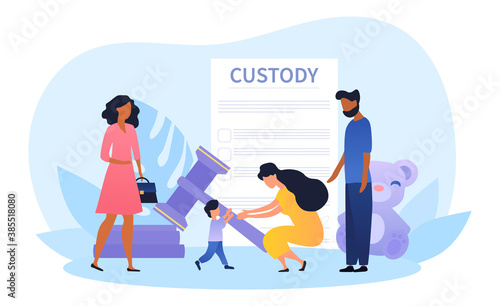 Child custody or adoption abstract concept with social worker and young multiracial couple adopting child. Flat vector cartoon illustration with fictional characters.