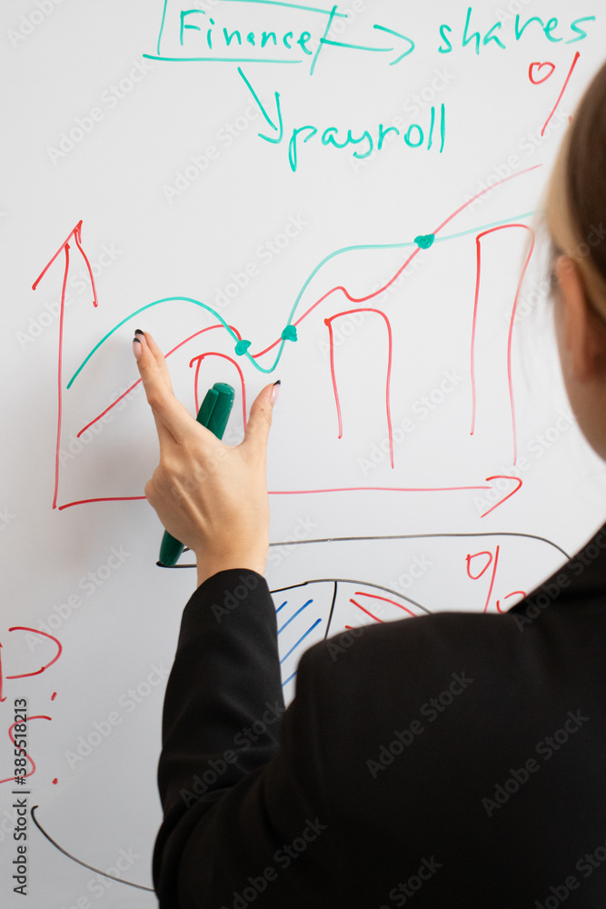 businesswoman makes a business plan on the Board. businesswoman makes a business plan on the Board.