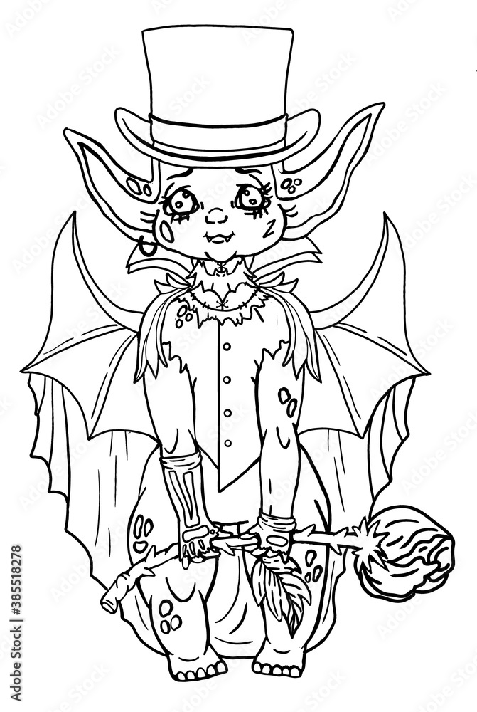 Fototapeta premium Fairytale character, magic creature, cute elf-vampire, baby Count Dracula in dressed for Halloween, in cylinder with long sharp ears, chubby cheeks and little fangs, with big wings and rose in hands.