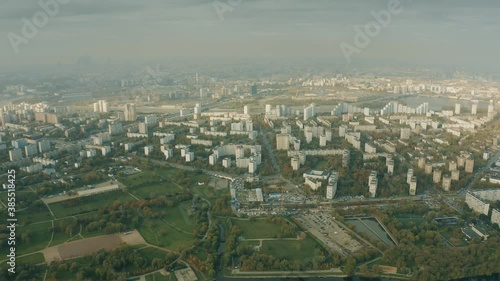 High altitude aerial view of a metro station construction site in Nagatinsky Zaton district of Moscow, Russia photo