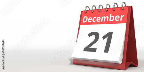 December 21 date on the flip calendar page, 3d rendering