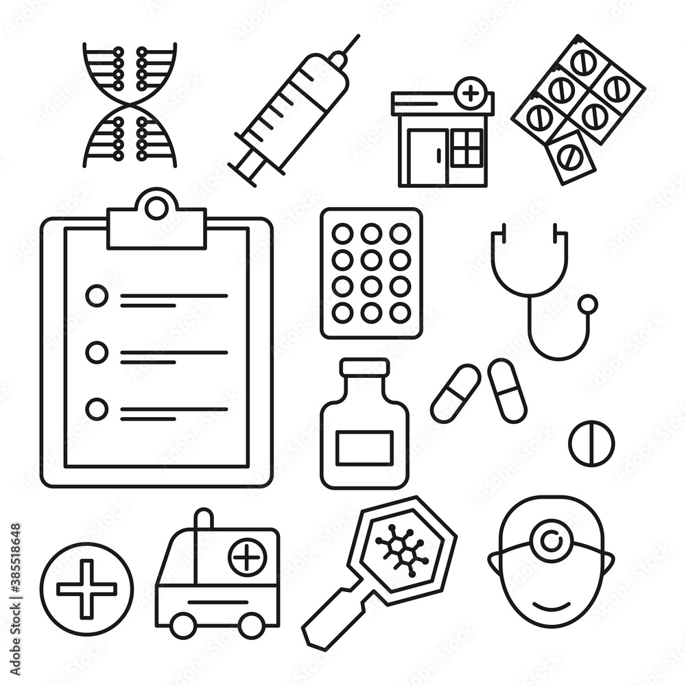 Medical equipment icon set. Outline thin line illustration. Isolated. 