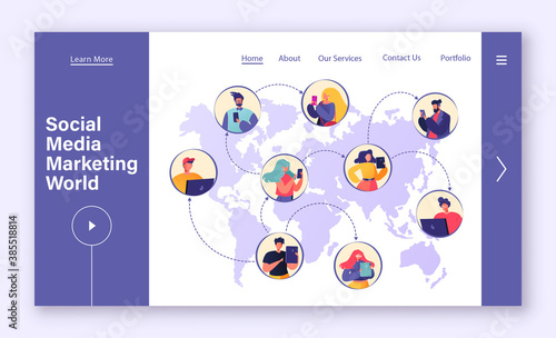 Social media, marketing concept for landing page template. Design web page with world map and people communicating using laptop phones and tablets in social networks. Influencers, online communication