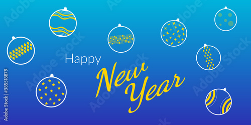New Years celebration concept. Vector banners for advertising, social networks, the Internet. Toys, decorations in white and yellow on a blue background, wishes for a happy new year. Copyspace.