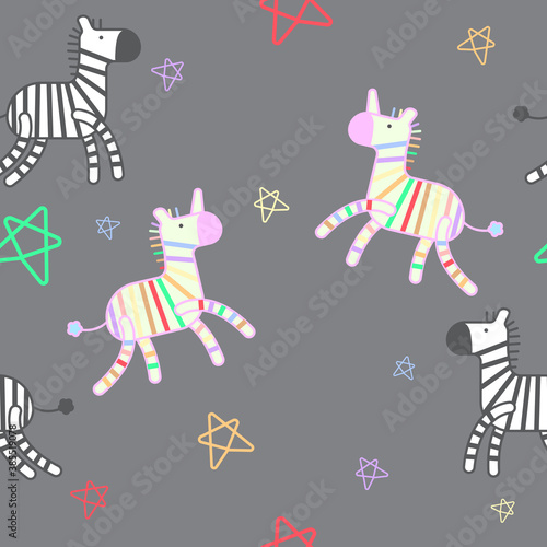 Unicorn seamless pattern, Rainbow unicorns and zebras on grey background.