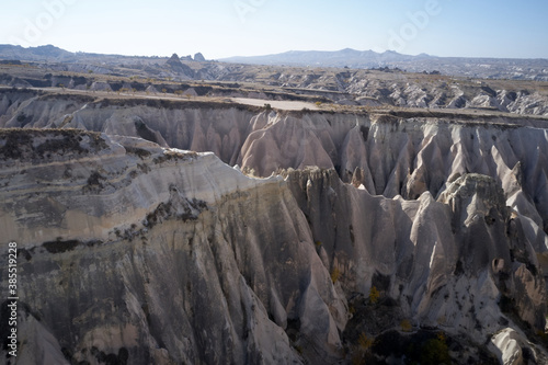Volcanic rock formations landscape. Scenic view of stone formations in valley at Cappadocia.