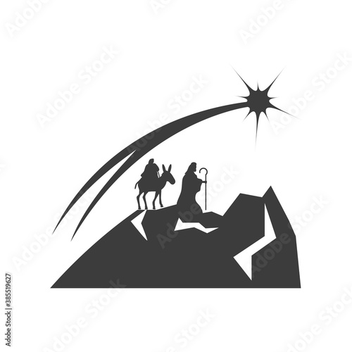 nativity, mary on donkey with joseph looking star in the sky, traditional celebration religious
