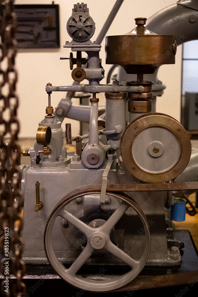 Detailed view of a classic 1934 industrial electricity generator engine