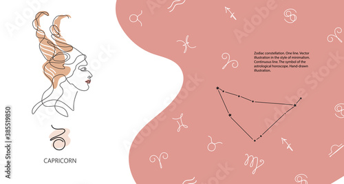 Zodiac background. Capricorn constellation. Horizontal banner. One line.