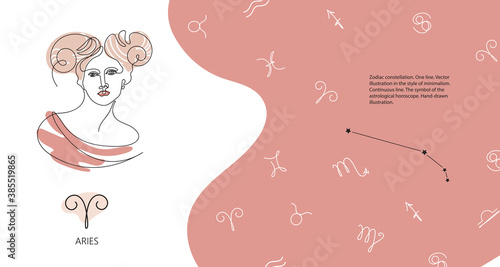 Zodiac background. Aries constellation. Horizontal banner. One line.